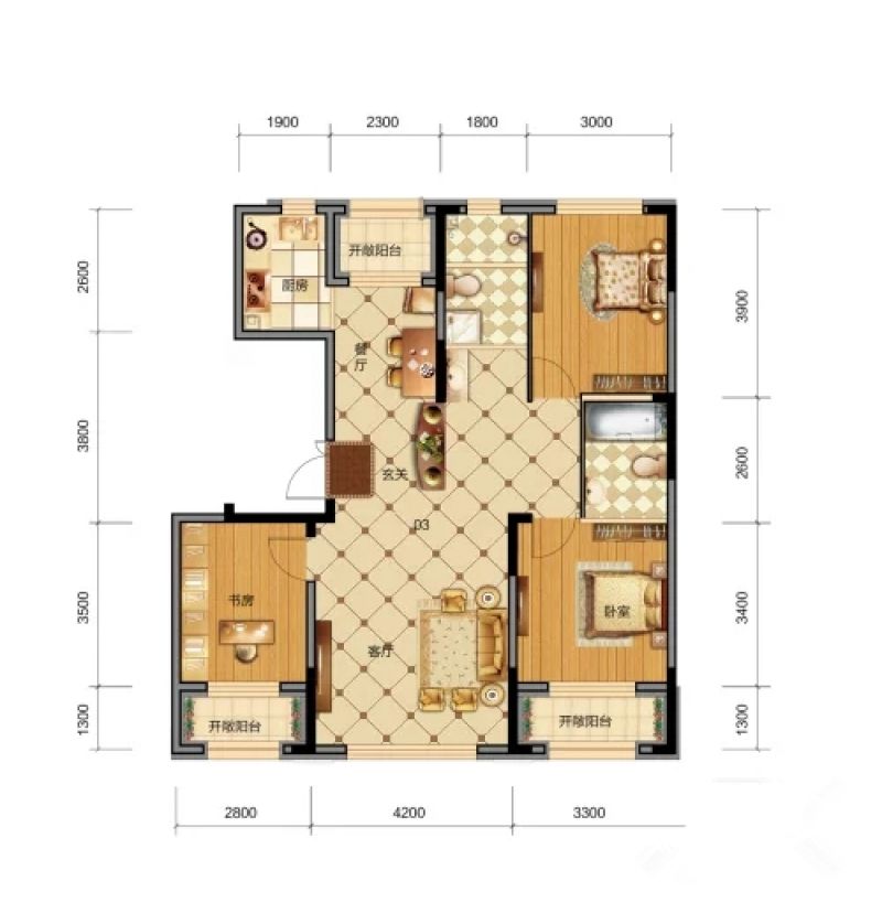 长春新星宇和润上邻b5_9#6f户型 2室2厅0卫1厨 建筑面积约97.