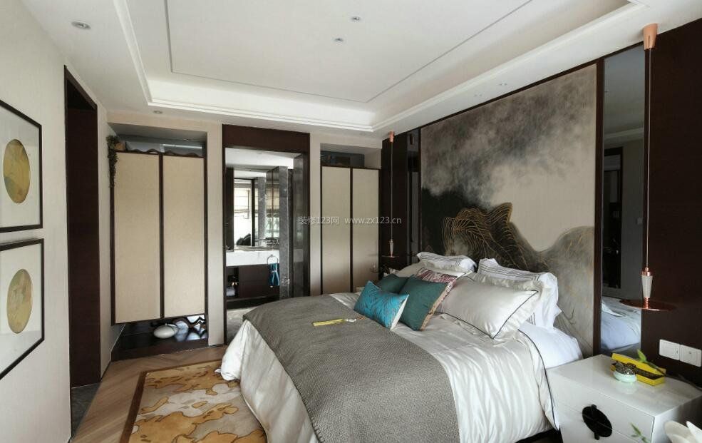 现代中式家装卧室床头背景墙水墨画设计图片