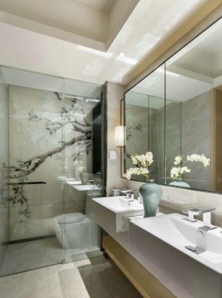 现代中式家装卫生间玻璃隔断设计图片