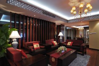 新中式客厅沙发背景墙木质玻璃隔断装修设计图
