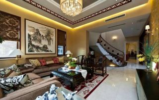 新中式别墅客厅沙发背景墙山水画装修设计图