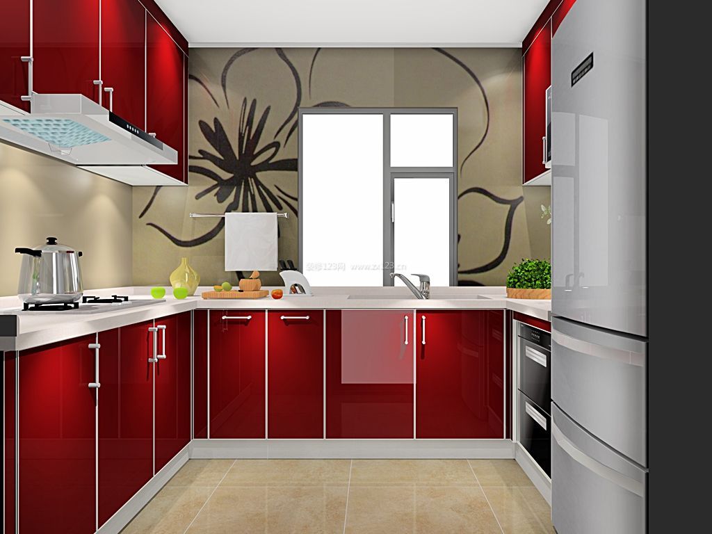 2023现代厨房酒红色橱柜装饰效果图片