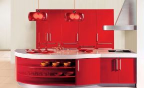2023现代简洁开放式厨房酒红色橱柜装修图片
