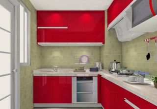 小厨房酒红色橱柜装修效果图片
