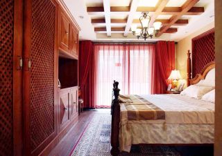 小洋房别墅卧室红色窗帘装饰设计效果图