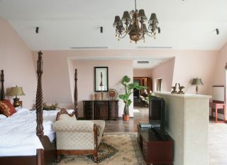 小洋房别墅美式卧室粉色背景墙设计效果图