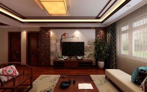 2023新中式客厅电视墙彩绘装修设计图片