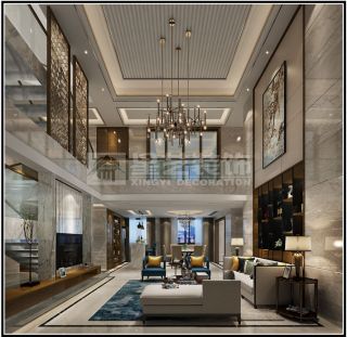 2023后现代新中式别墅挑高客厅吊顶装修效果图