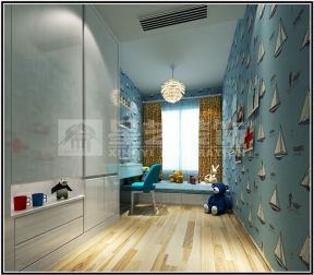 2023港式风格儿童卧室蓝色壁纸装修效果图