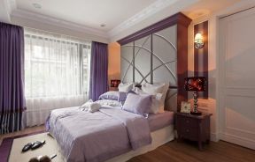 2020卧室紫色背景墙装修 紫色窗帘装修效果图片