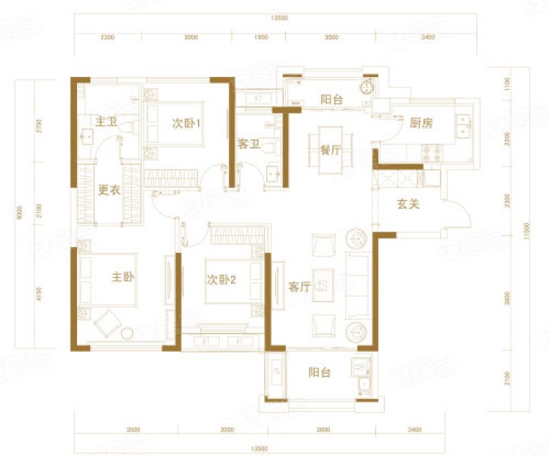 B-3户型， 3室2厅2卫1厨， 建筑面积约127.07平米