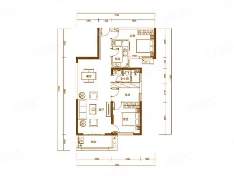 G-A2户型， 3室2厅1卫1厨， 建筑面积约105.88平米