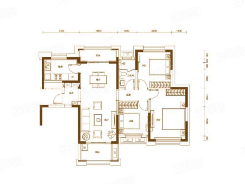 A-4户型， 3室2厅1卫1厨， 建筑面积约115.62平米