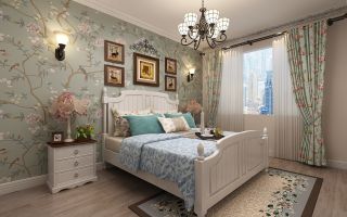 2023温馨美式风格卧室床头壁纸装修图片