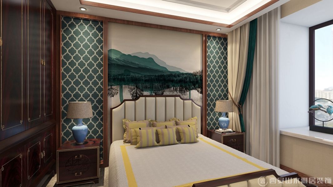 时尚新中式风格卧室床头背景墙装修效果图