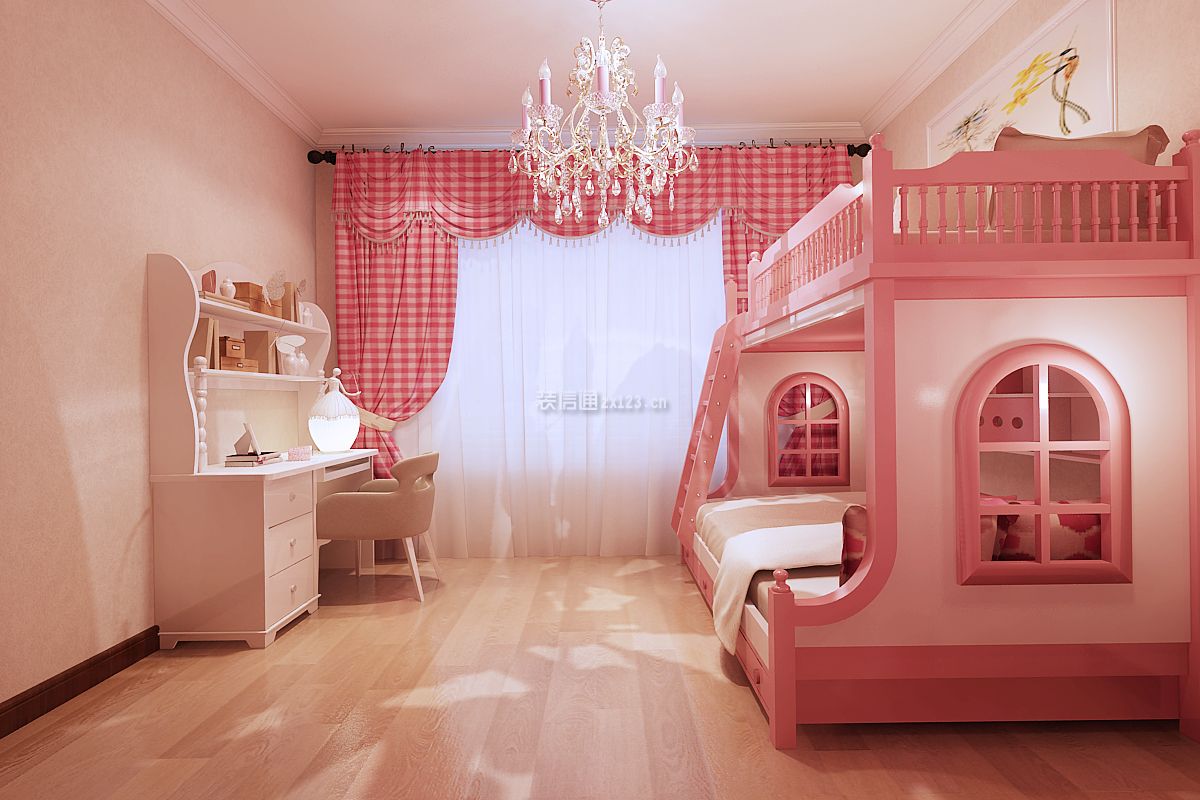 2023粉色调女生卧室双层床装修效果图