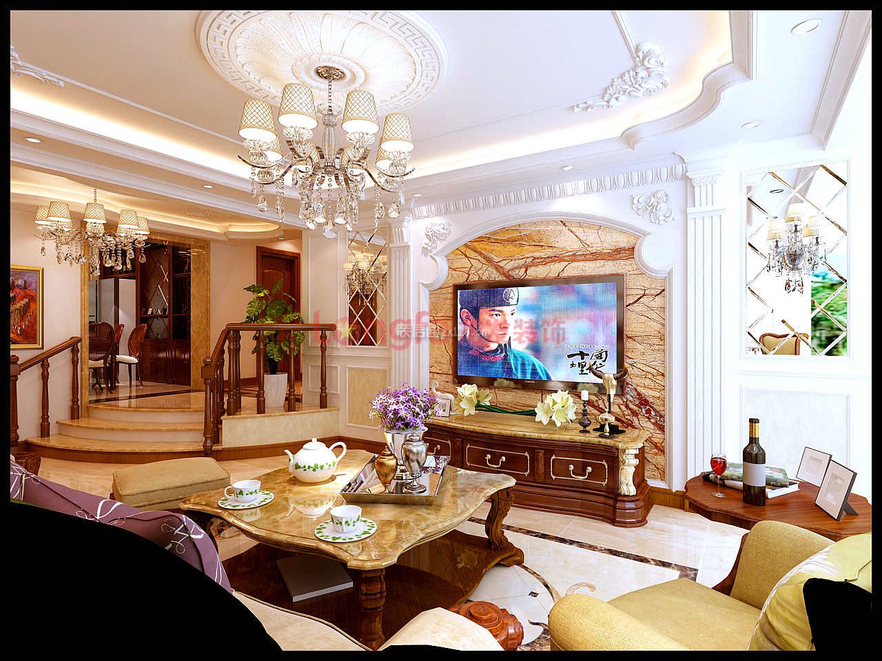 奢华欧式客厅石材电视墙装修效果图