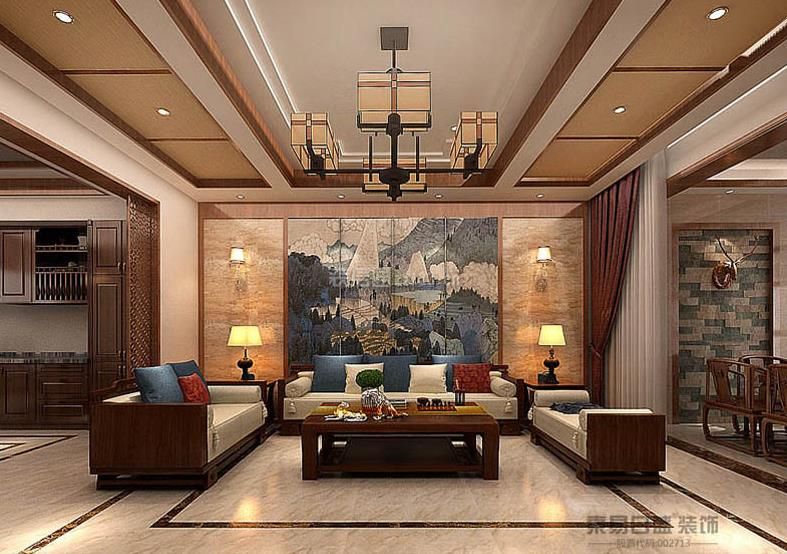510平别墅新中式风格客厅沙发背景墙装修效果
