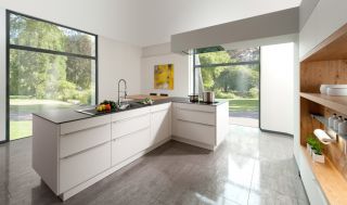时尚现代化厨房L型白色板式橱柜设计图片