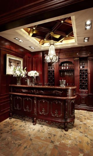 美式古典风格地下酒窖红色酒柜装修效果图片