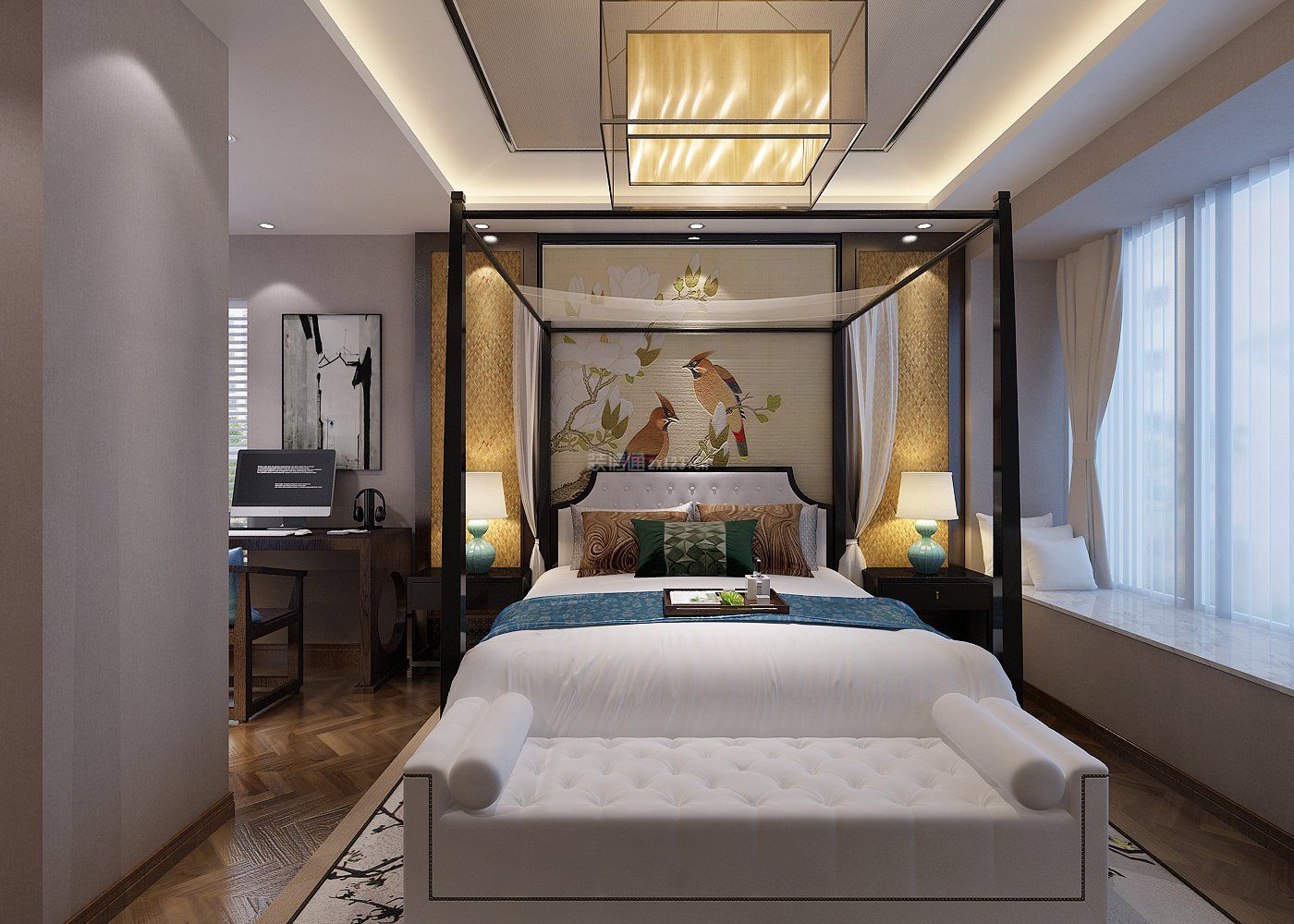 新中式风格二居室主卧四柱床装修设计图