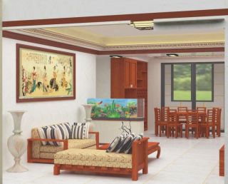 新中式风格客厅竹木纤维板吊顶设计效果图