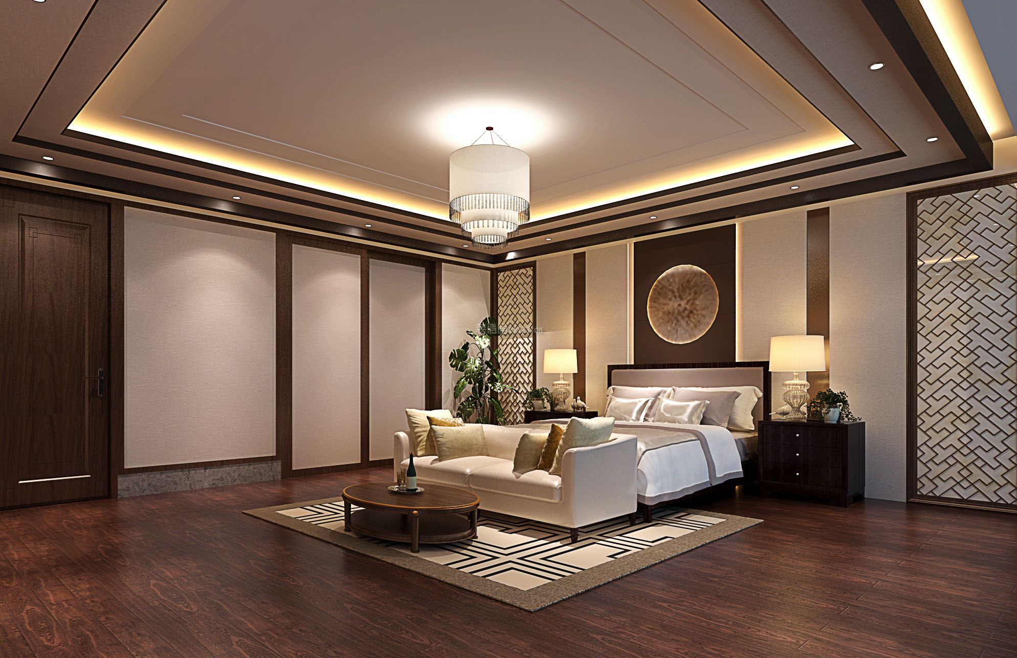 新中式风格别墅卧室背景墙装修效果图