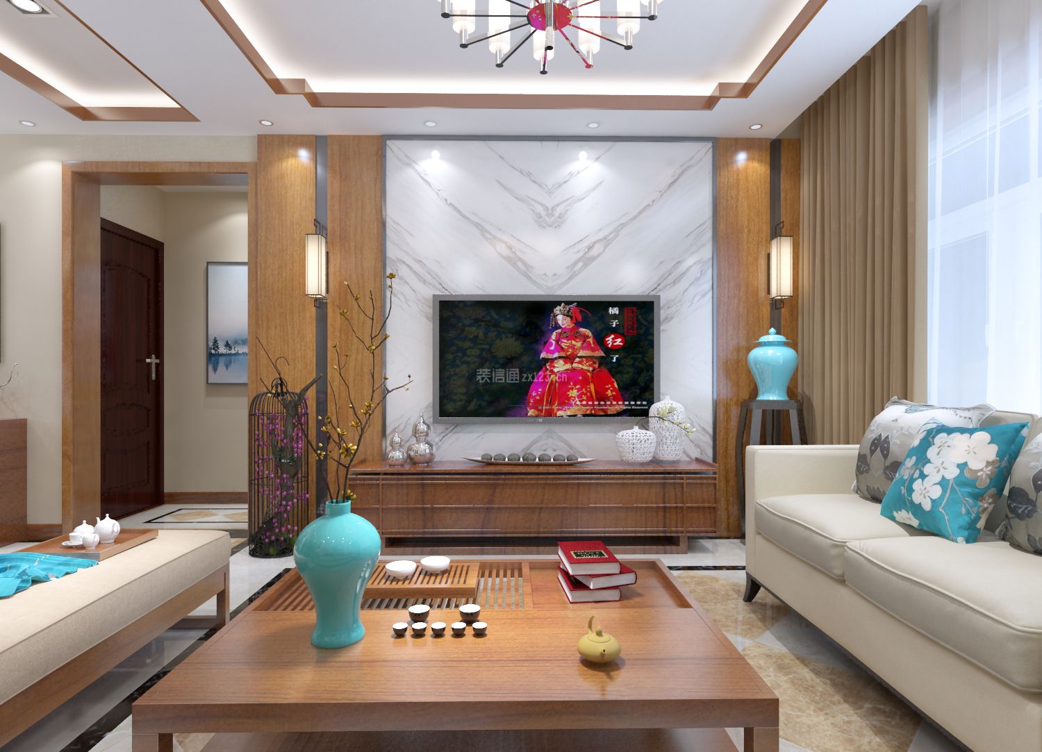新中式风格客厅石材电视墙装修效果图