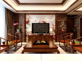 中式风格客厅彩绘电视墙装修效果图