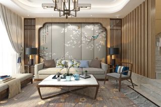 新中式风格三居室客厅木隔断设计效果图