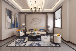 2023新中式别墅客厅沙发墙装修效果图