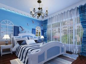 地中海风格卧室蓝色背景墙装修效果图