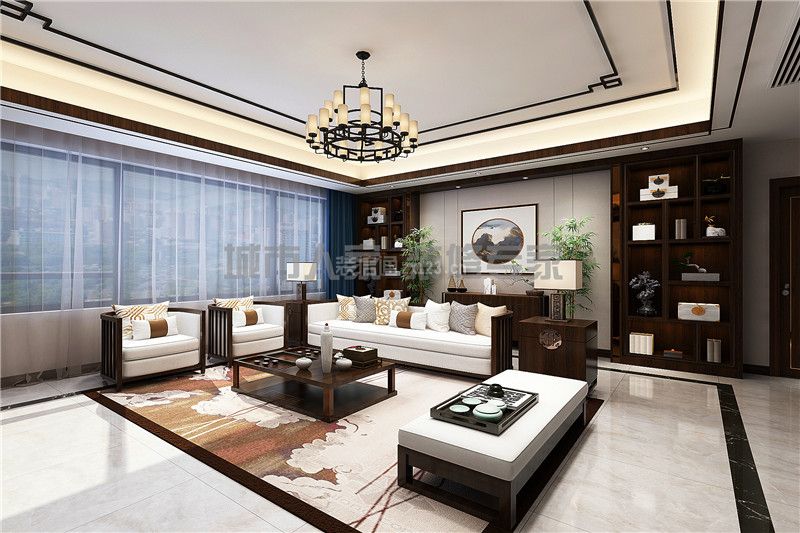 新中式风格客厅沙发不靠墙装修效果图