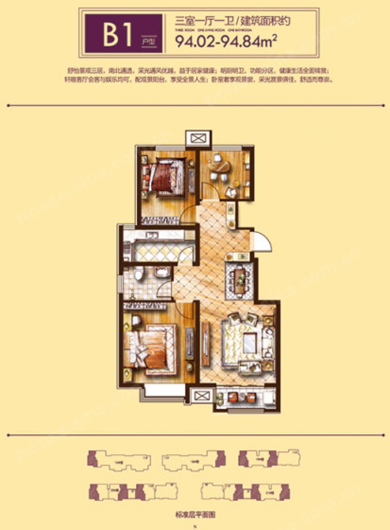 哈罗城 B1户型三室一厅一卫94.02-94.84平米，3室1厅1卫，94.02平米