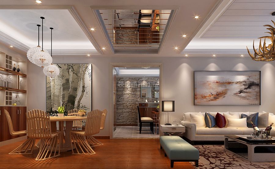 现代简约四居客厅沙发背景墙混色机效果图