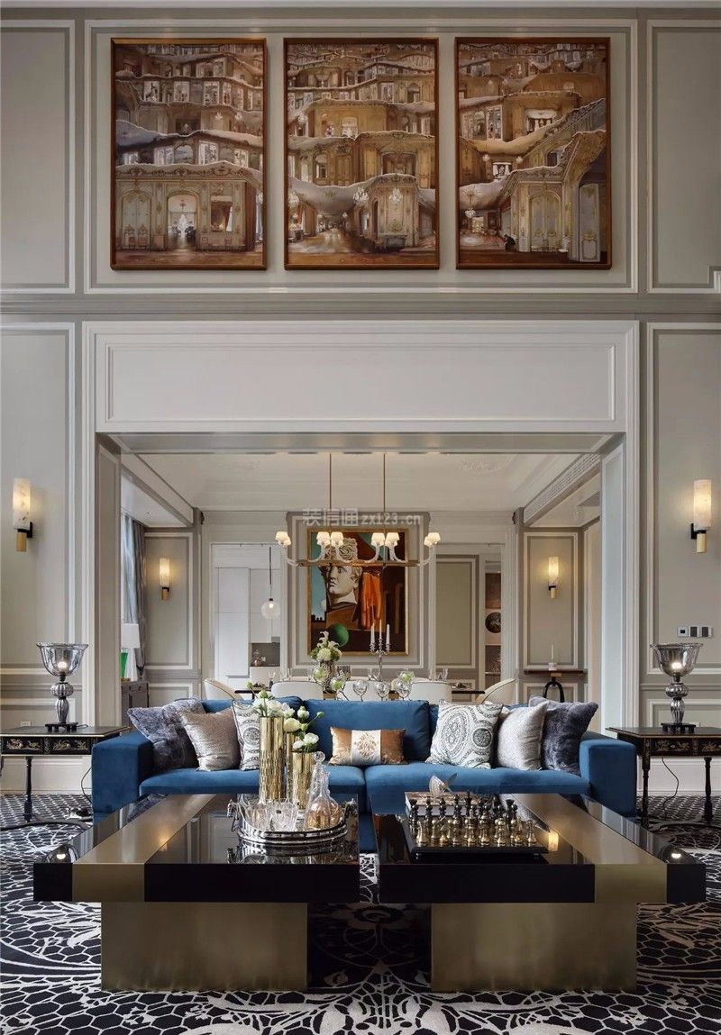  2020美式别墅客厅效果图 2020家居客厅蓝色沙发图片 客厅蓝色沙发效果图