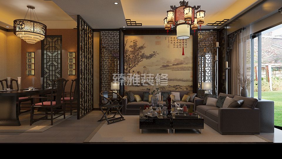 华茵桂语110平米现代中式背景墙装修效果图