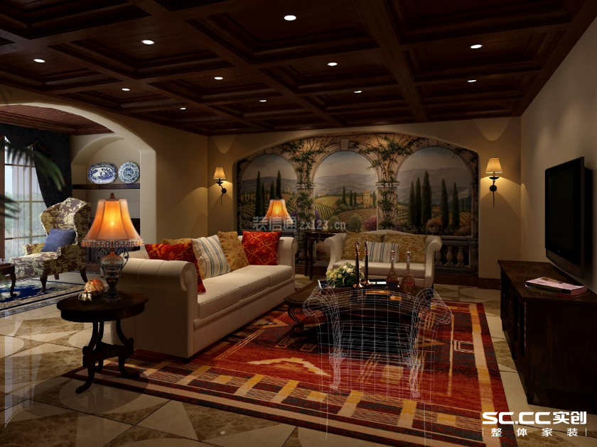 400平别墅美式风格客厅沙发装修效果