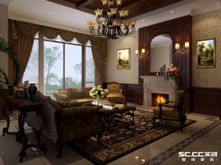 400平别墅美式风格客厅壁炉设计效果图