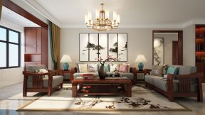 2023现代新中式三居客厅沙发墙挂画布置效果图