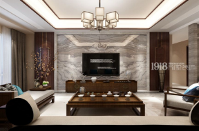 大气新中式风格420平米别墅客厅电视墙装修效果图