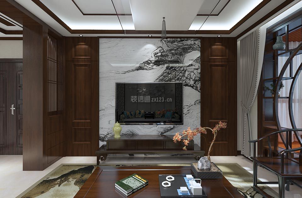 新中式风格120平三居客厅石材电视墙装修效果图