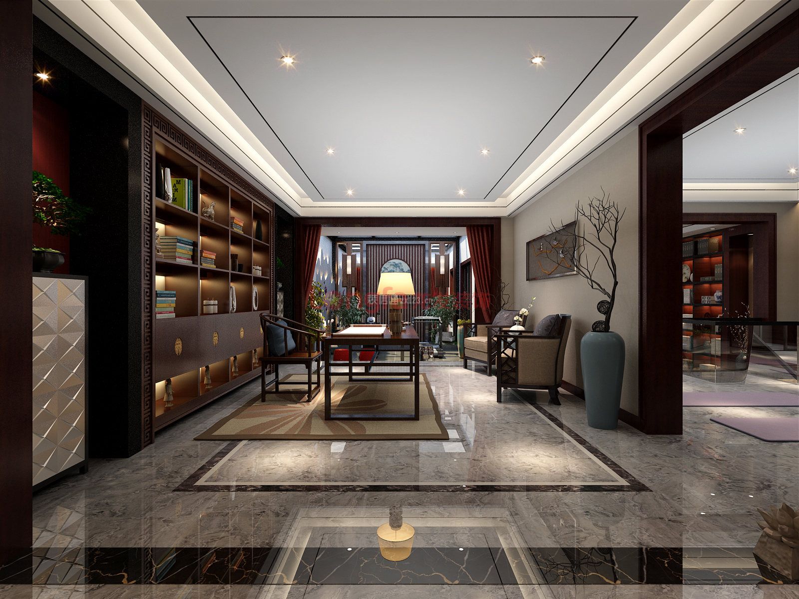 新中式风格186平方米三居书房地砖装修效果图