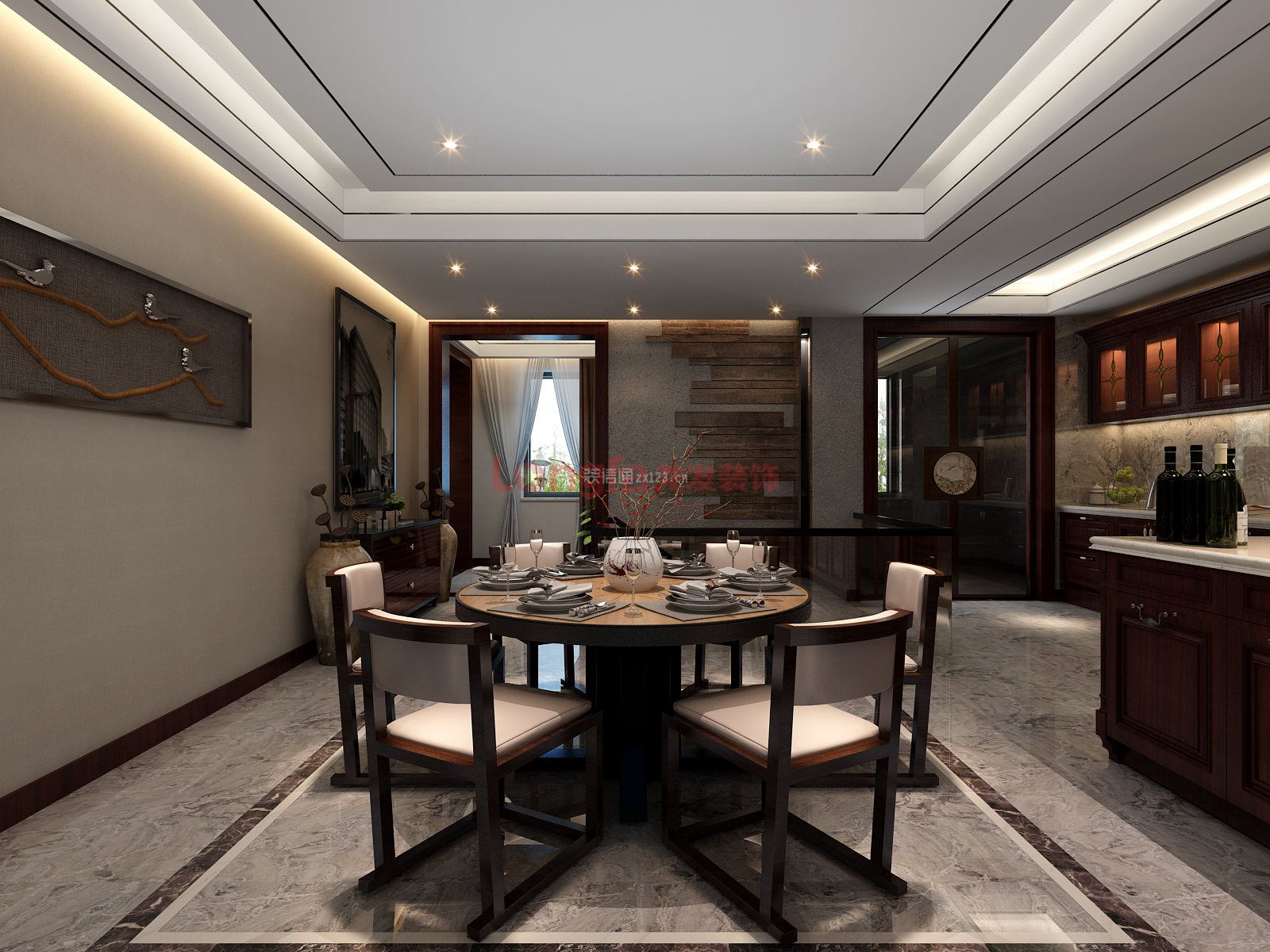 新中式风格186平方米三居餐厅圆桌装修效果图