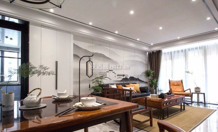 新中式客厅沙发背景墙水墨画装饰效果图