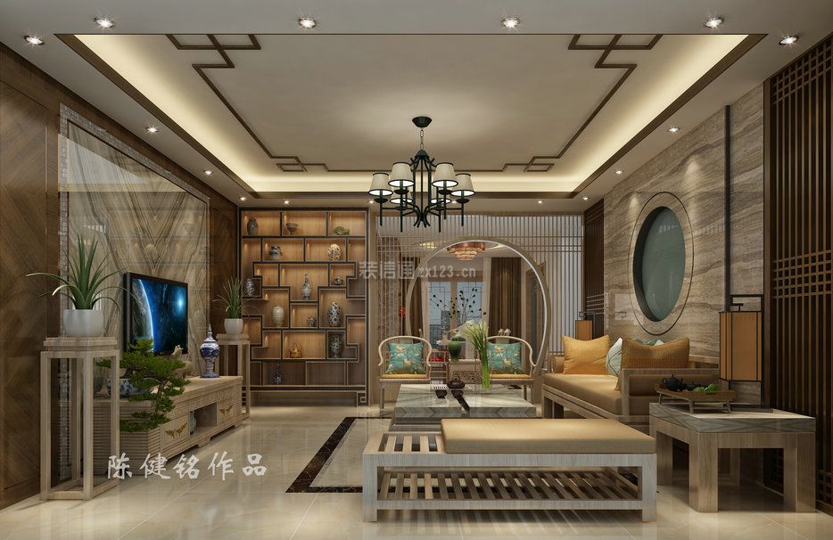 海航豪庭180㎡新中式四居室客厅效果图