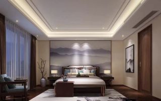 新中式风格350平别墅卧室背景墙装修效果图