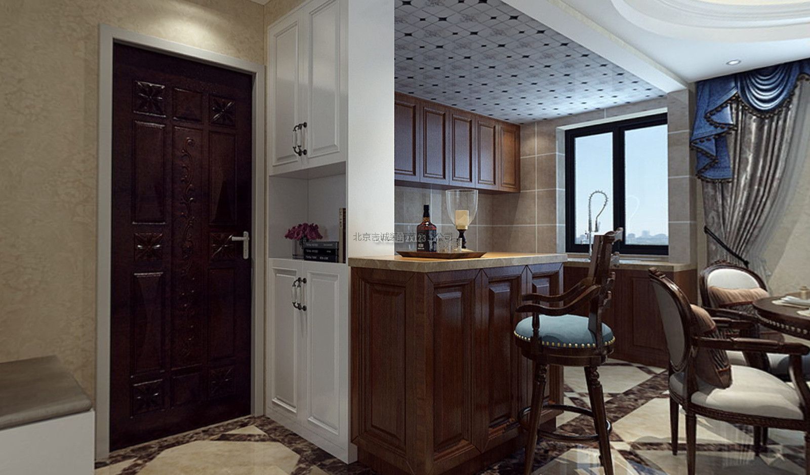 欧式古典风格厨房带吧台装修效果图