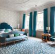 超大卧室蓝色窗帘设计装饰图