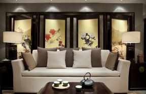 养心苑四居140平新中式风格客厅沙发背景墙屏风设计